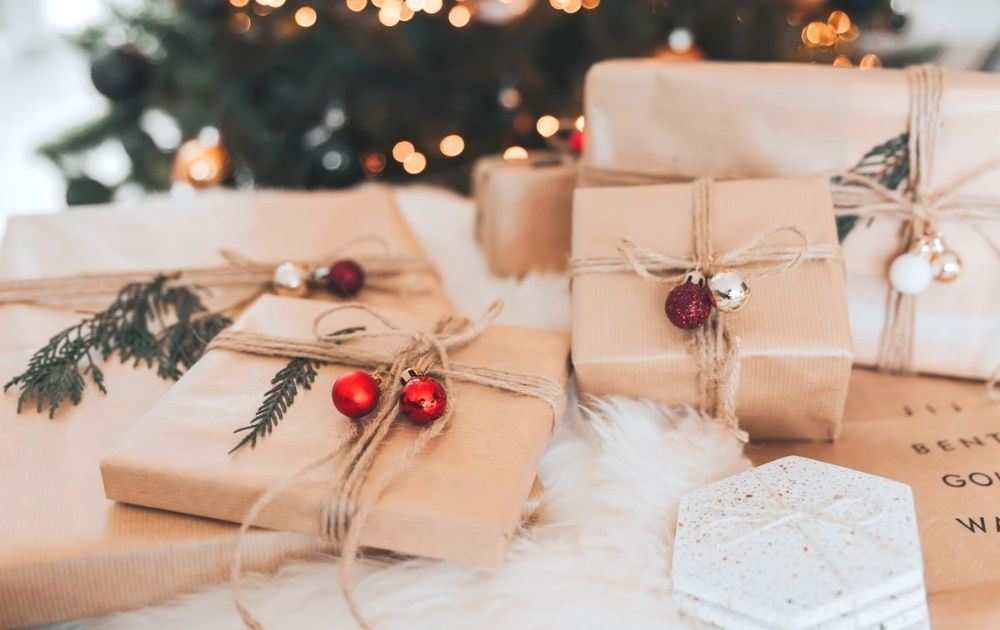 Gifts wrapped in recycled brown paper